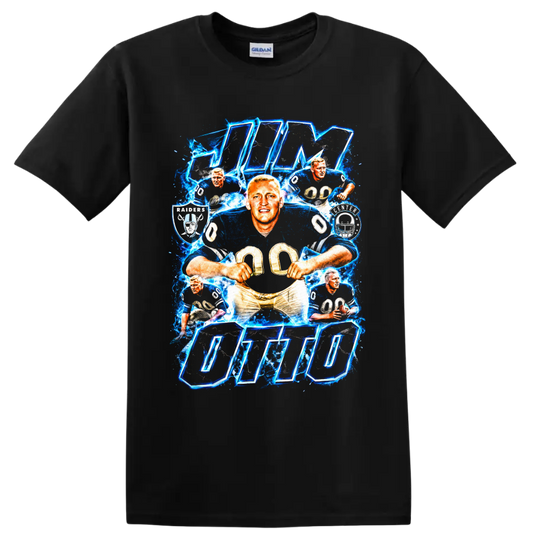 Jim Otto Oakland Raiders number 00 action collage with lightning and bold OTTO lettering on a Black T Shirt