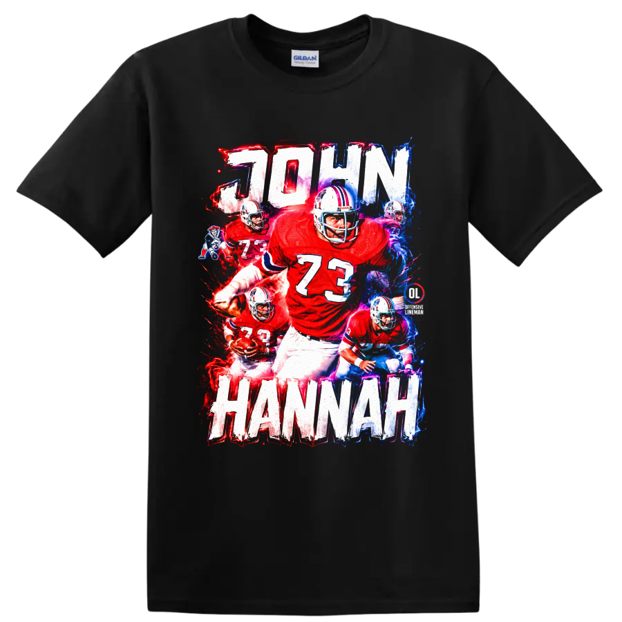 John Hannah number 73 football collage with electric red and blue Patriots artwork on a Black T Shirt