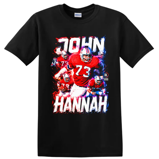 John Hannah number 73 football collage with electric red and blue Patriots artwork on a Black T Shirt