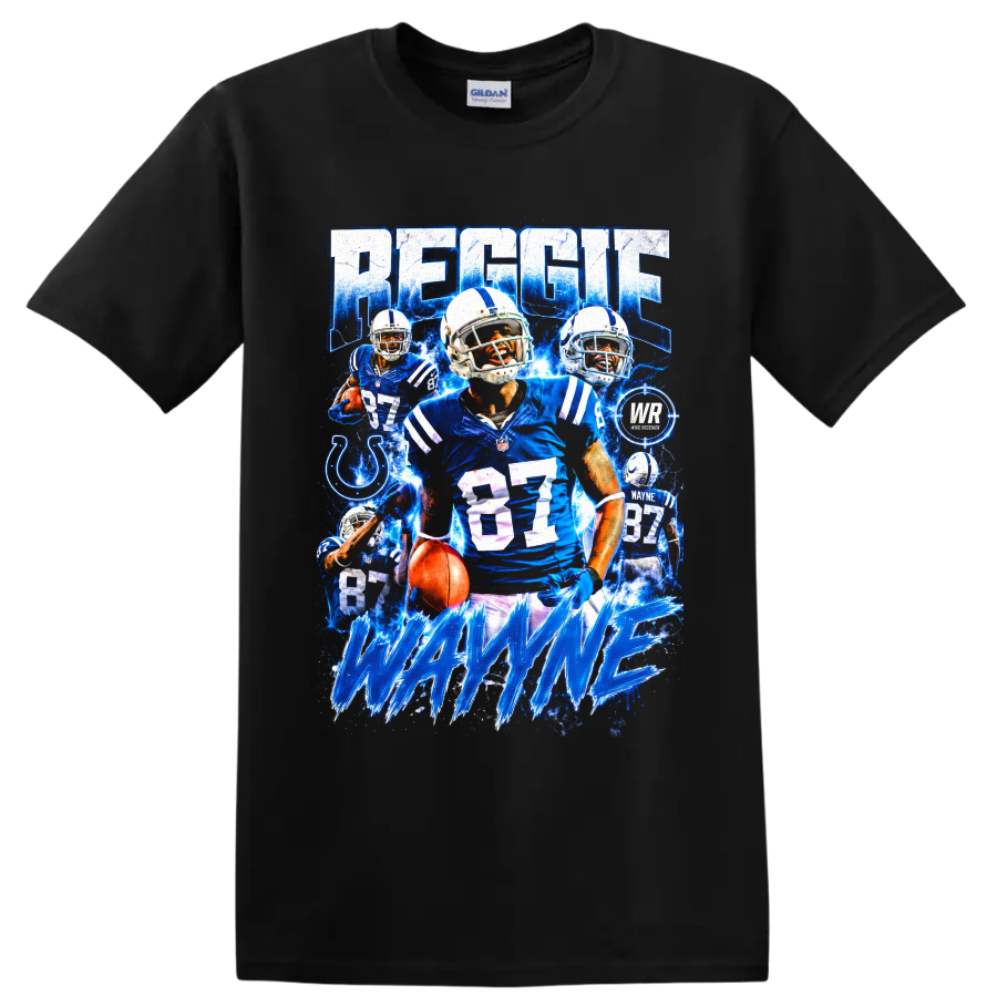 Reggie Wayne Colts number 87 football collage with electric blue action art on a Black T Shirt