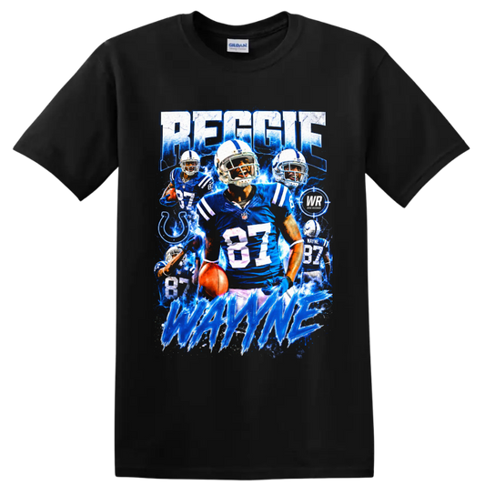 Reggie Wayne Colts number 87 football collage with electric blue action art on a Black T Shirt