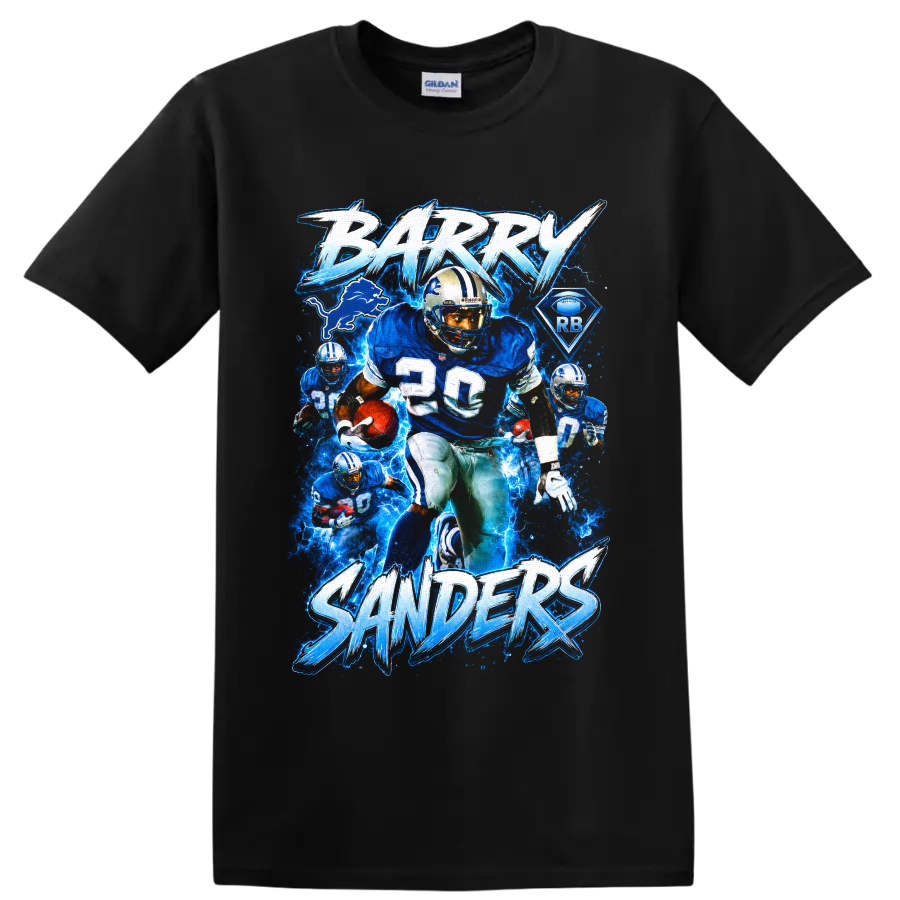 Barry Sanders Detroit Lions number 20 electric blue football action collage on a Black T Shirt