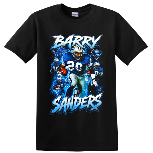 Barry Sanders Detroit Lions number 20 electric blue football action collage on a Black T Shirt
