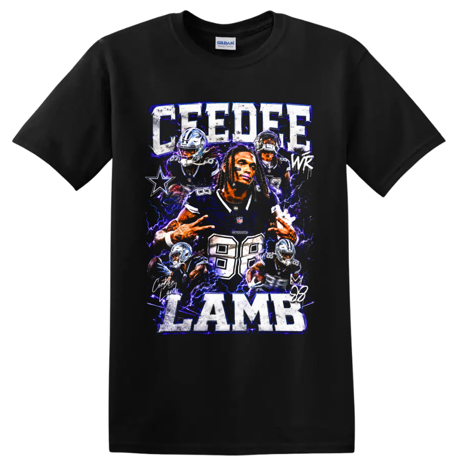 CeeDee Lamb Dallas Cowboys football collage with electric blue lightning and number 88 on a Black T Shirt