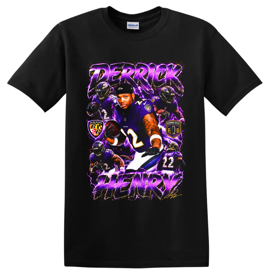 Derrick Henry Ravens No. 22 action collage with purple lightning and HENRY text on a Black T Shirt