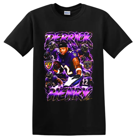 Derrick Henry Ravens No. 22 action collage with purple lightning and HENRY text on a Black T Shirt