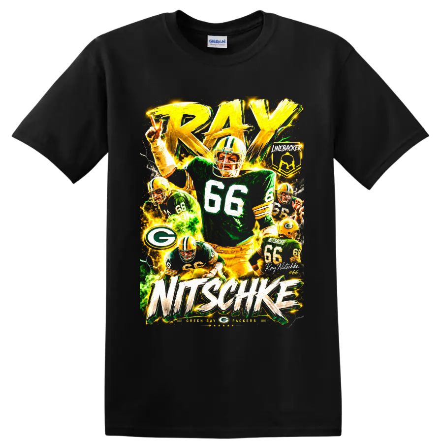 Ray Nitschke Packers number 66 linebacker collage with bold RAY NITSCHKE lettering on a Black T Shirt