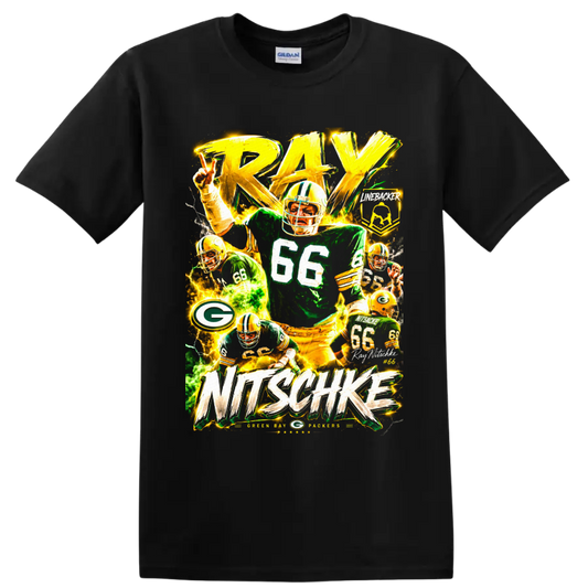 Ray Nitschke Packers number 66 linebacker collage with bold RAY NITSCHKE lettering on a Black T Shirt