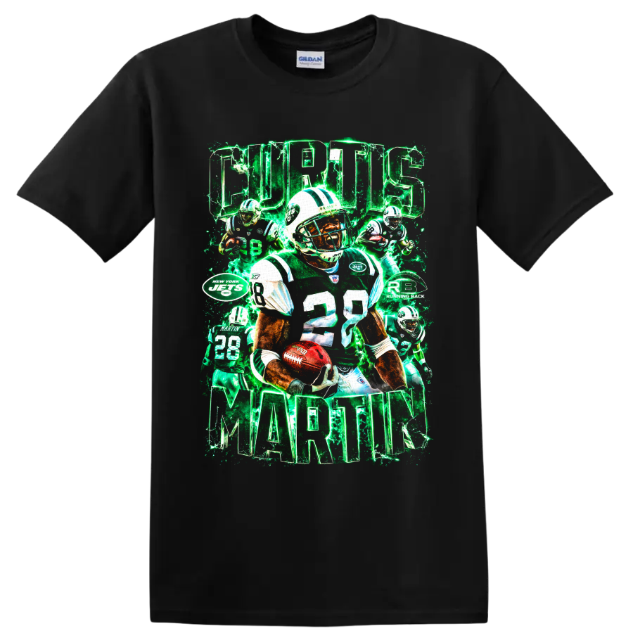 Curtis Martin New York Jets number 28 football collage with neon green lightning on a Black T Shirt