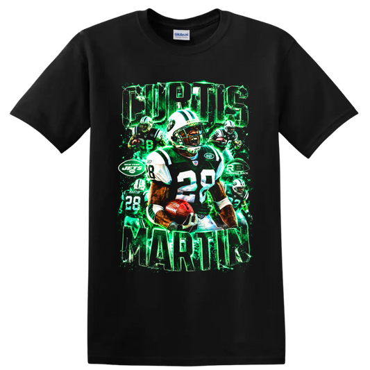 Curtis Martin New York Jets number 28 football collage with neon green lightning on a Black T Shirt