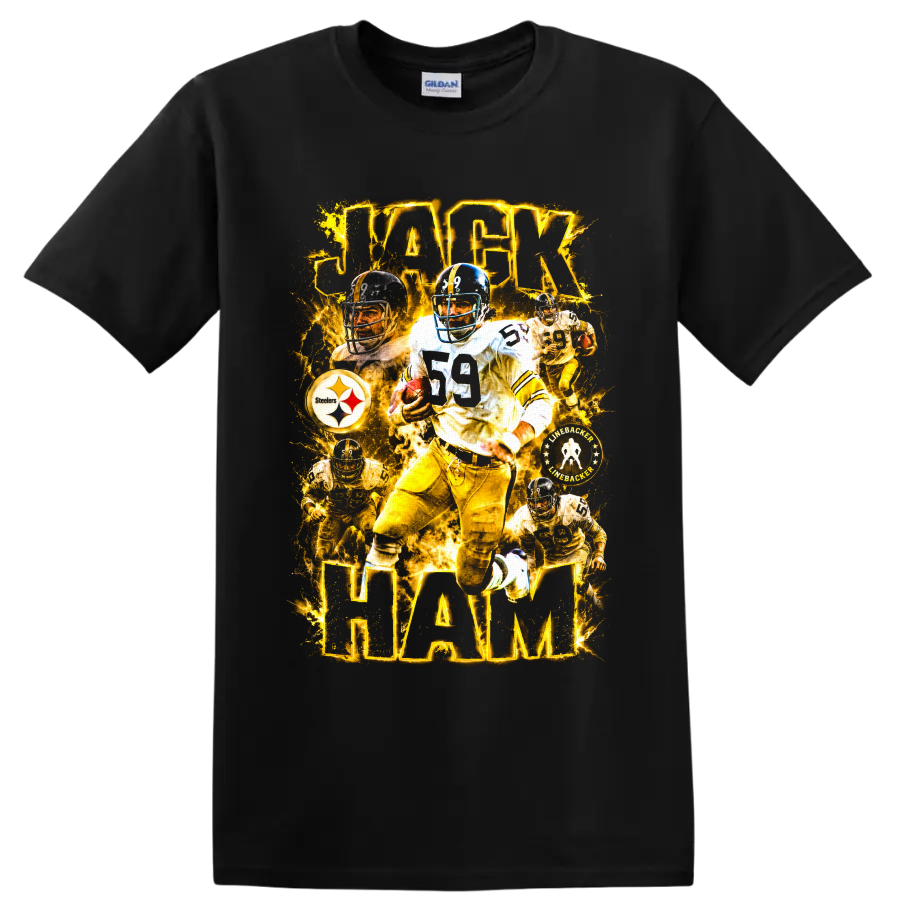 Jack Ham Pittsburgh Steelers number 59 linebacker collage with glowing gold text on a Black T Shirt