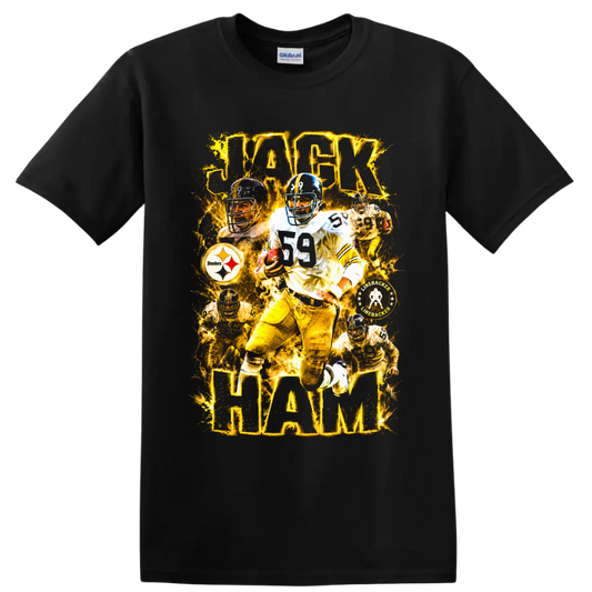 Jack Ham Pittsburgh Steelers number 59 linebacker collage with glowing gold text on a Black T Shirt