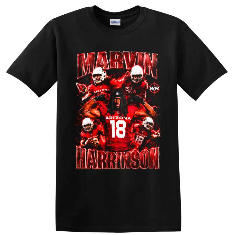 Marvin Harrison Jr Arizona Cardinals number 18 football collage with red lightning on a Black T Shirt