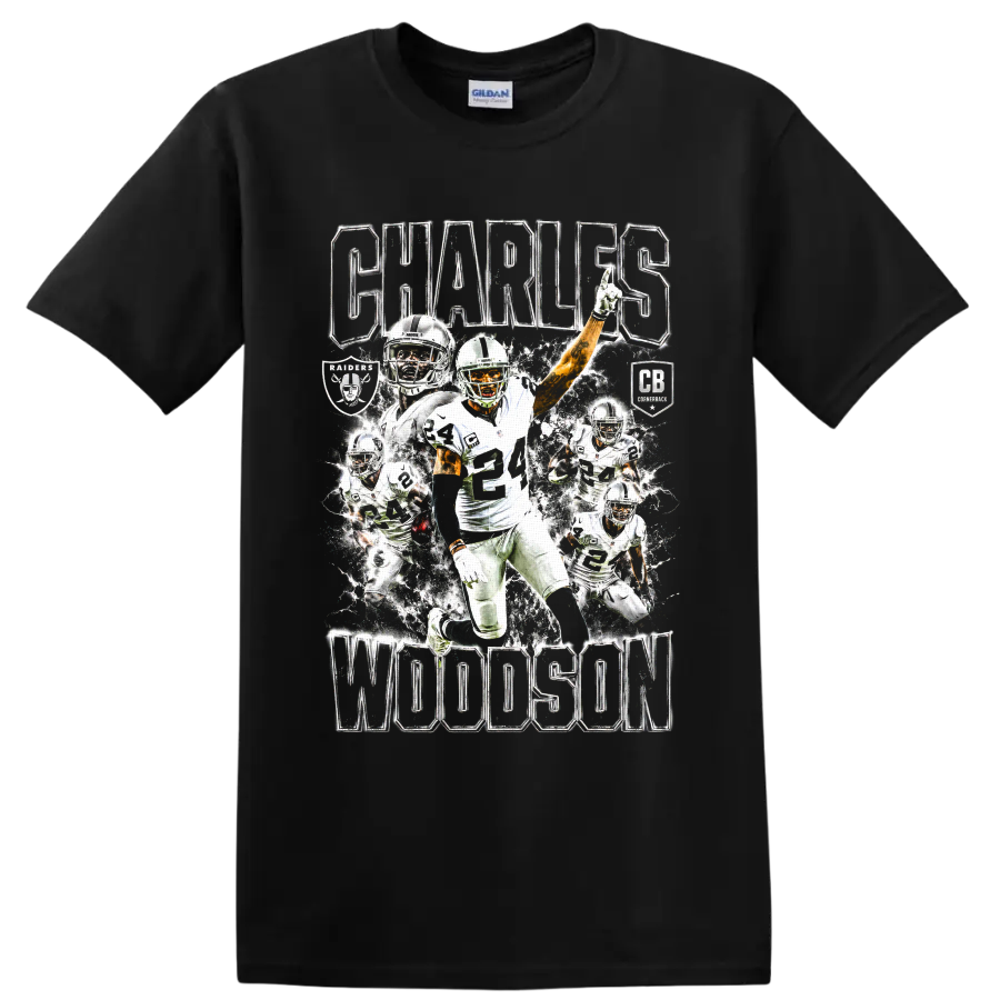 Charles Woodson number 24 football action collage with Raiders graphics and bold lettering on a Black T Shirt
