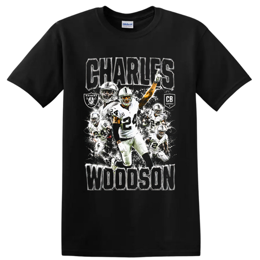 Charles Woodson number 24 football action collage with Raiders graphics and bold lettering on a Black T Shirt