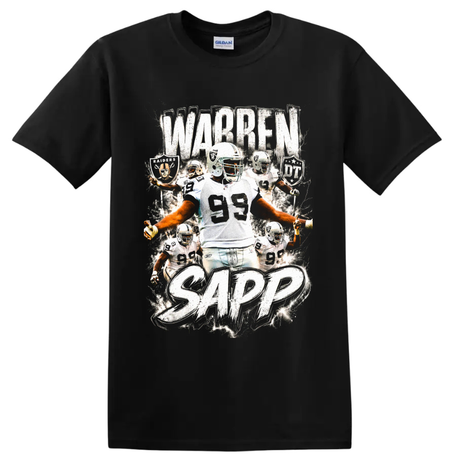 Warren Sapp Raiders number 99 football collage with distressed WARREN SAPP text on a Black T Shirt
