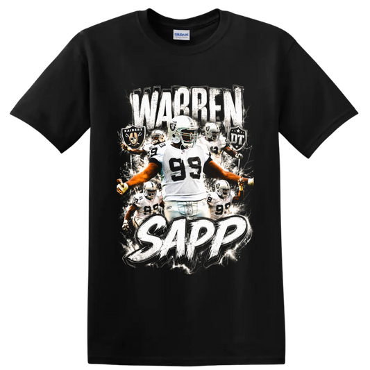 Warren Sapp Raiders number 99 football collage with distressed WARREN SAPP text on a Black T Shirt