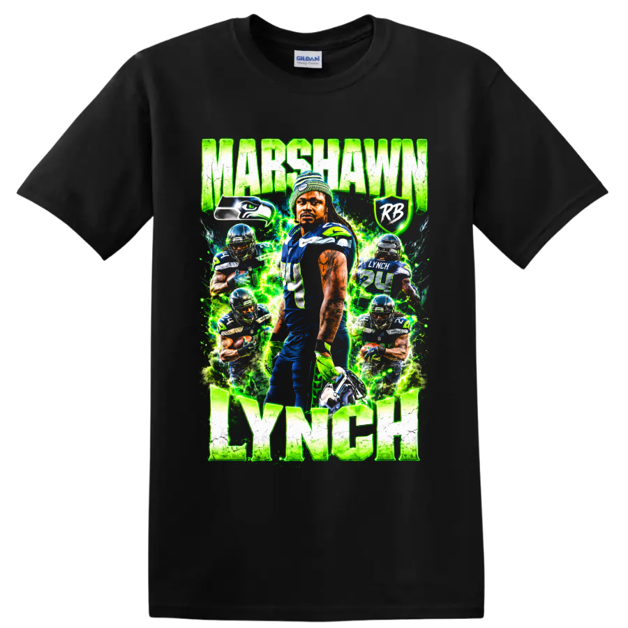 Marshawn Lynch Seattle Seahawks action collage with electric green lightning and name text on a Black T Shirt