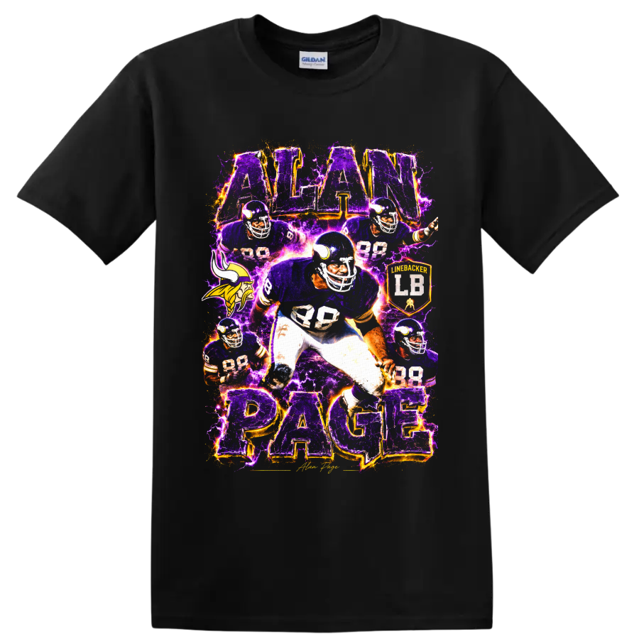 Alan Page 88 Minnesota Vikings-inspired football collage with purple lightning on a Black T Shirt