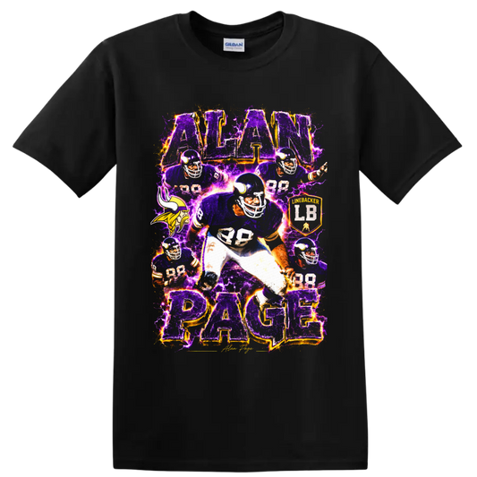 Alan Page 88 Minnesota Vikings-inspired football collage with purple lightning on a Black T Shirt