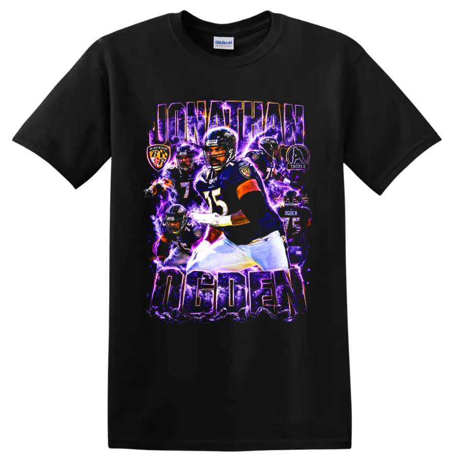 Jonathan Ogden Baltimore Ravens football collage with purple lightning and number 75 on a Black T Shirt