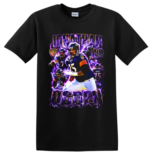 Jonathan Ogden Baltimore Ravens football collage with purple lightning and number 75 on a Black T Shirt