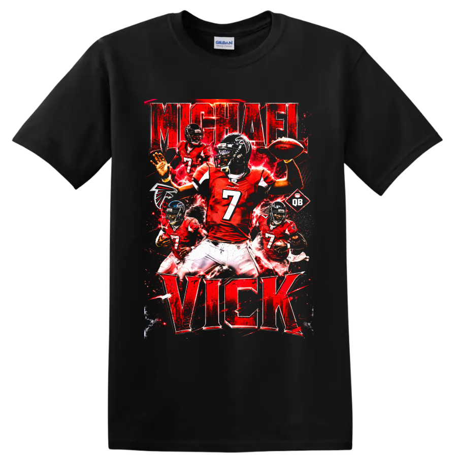Michael Vick Atlanta Falcons red number 7 football action collage with electric effects on a Black T Shirt