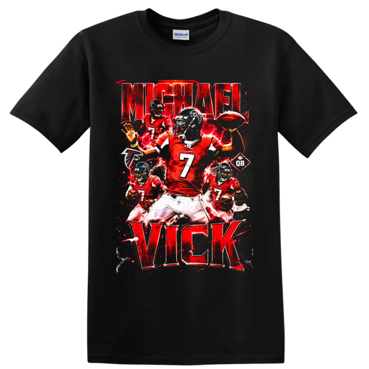 Michael Vick Atlanta Falcons red number 7 football action collage with electric effects on a Black T Shirt