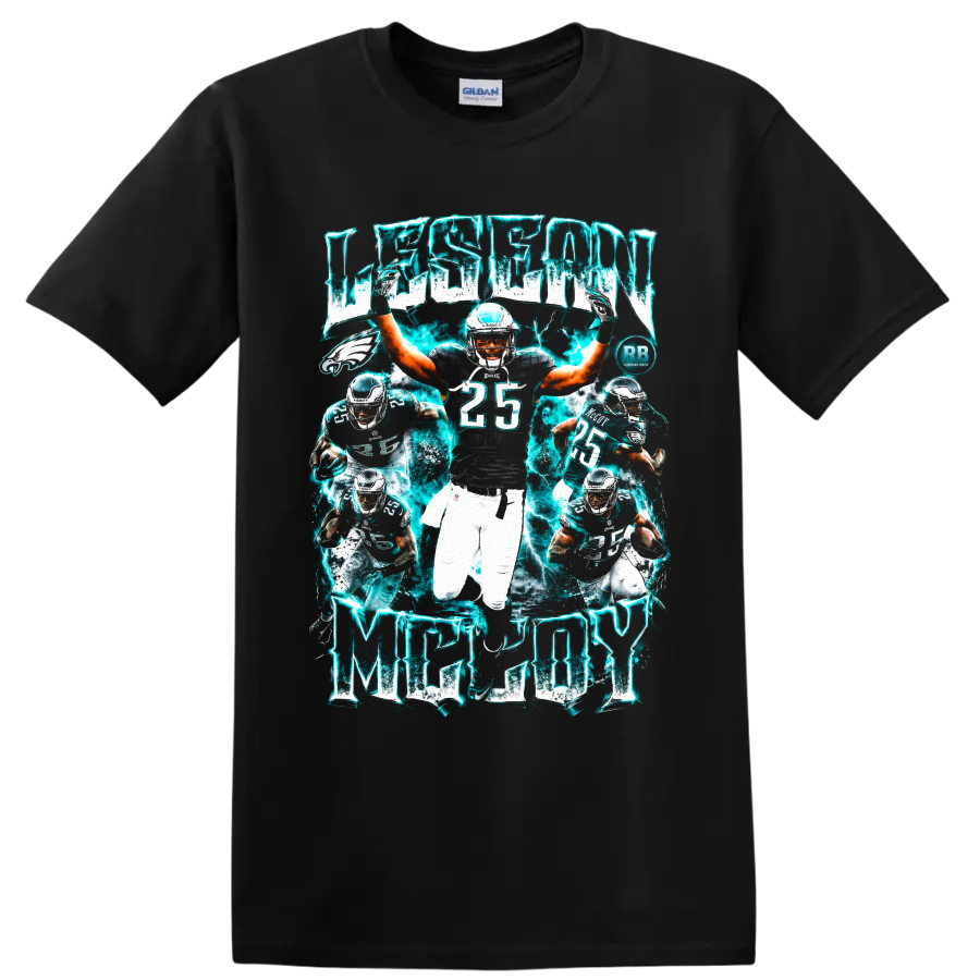 LeSean McCoy Philadelphia Eagles running back collage with electric teal lightning on a Black T Shirt