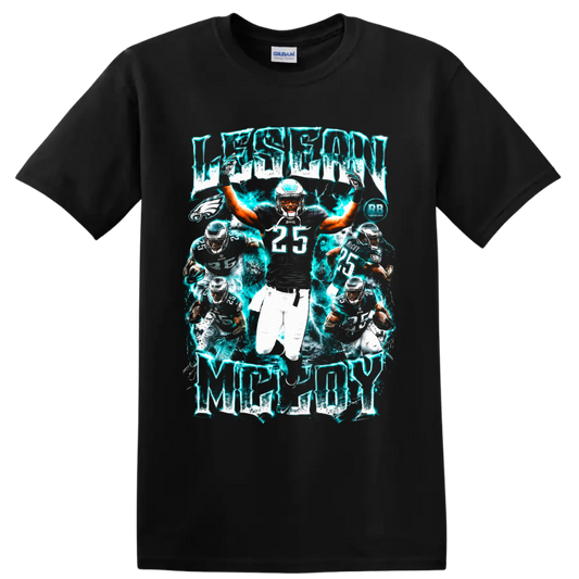 LeSean McCoy Philadelphia Eagles running back collage with electric teal lightning on a Black T Shirt