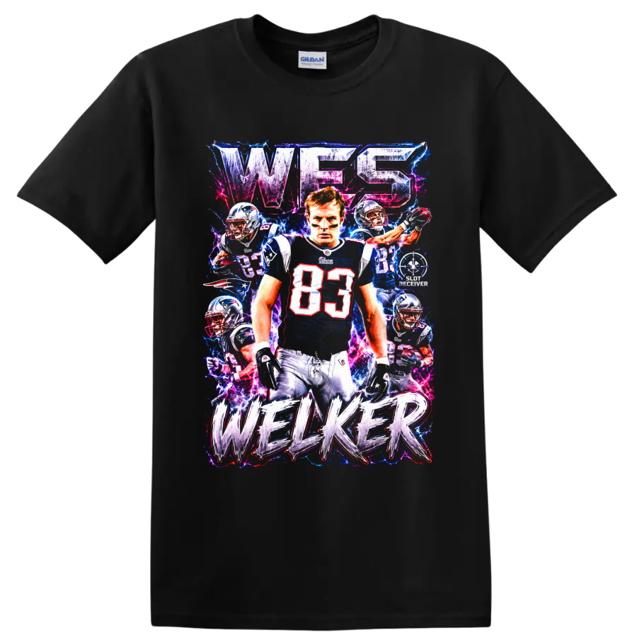 Wes Welker Patriots #83 football collage with neon lightning and distressed lettering on a Black T Shirt