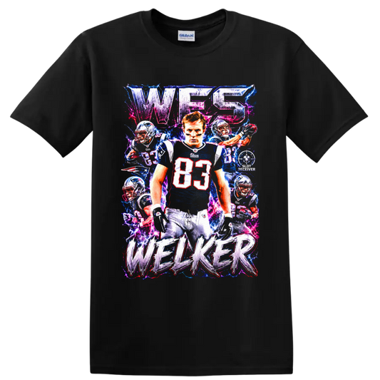 Wes Welker Patriots #83 football collage with neon lightning and distressed lettering on a Black T Shirt
