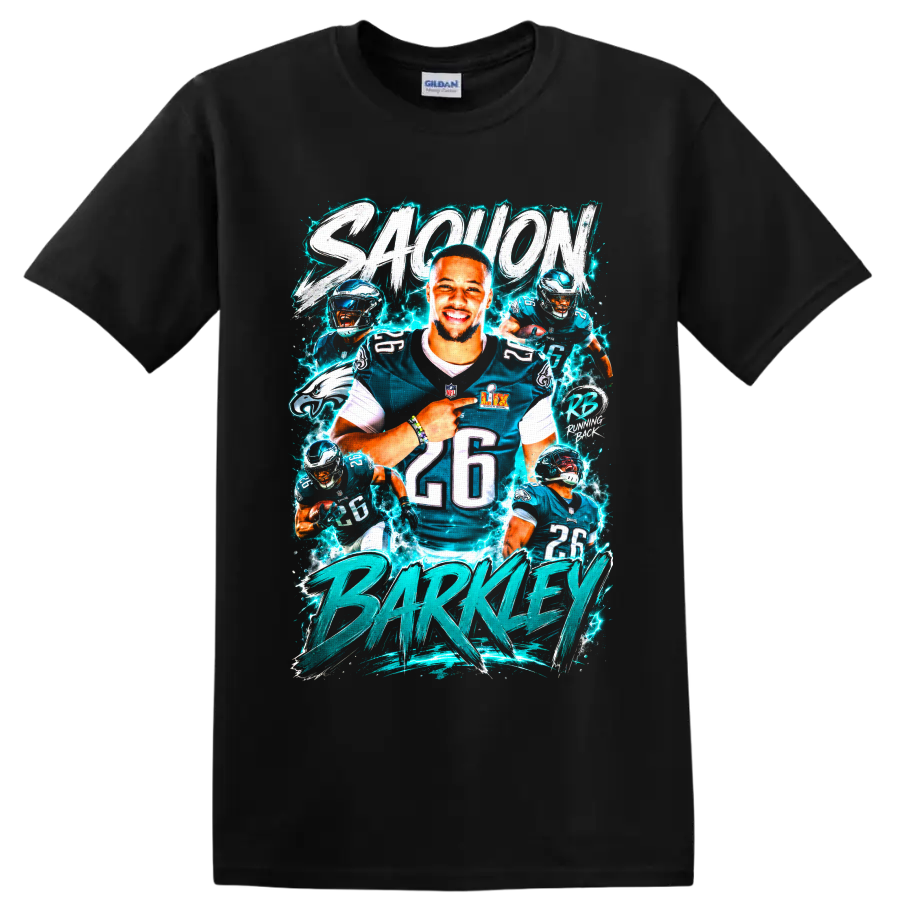 Saquon Barkley Eagles number 26 action collage with electric teal brush lettering on a Black T Shirt