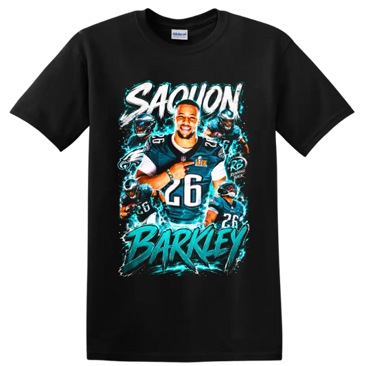 Saquon Barkley Eagles number 26 action collage with electric teal brush lettering on a Black T Shirt