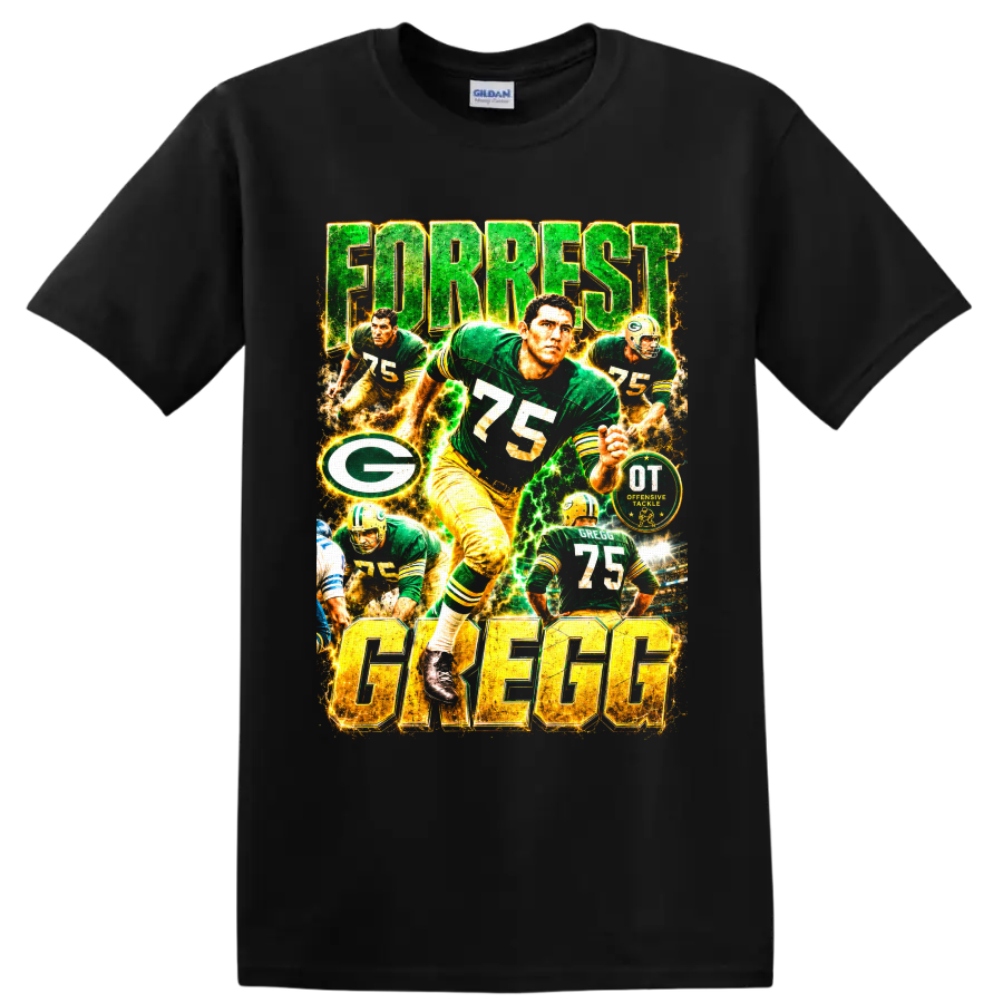 Forrest Gregg number 75 Packers offensive tackle football collage with electric lettering on a Black T Shirt