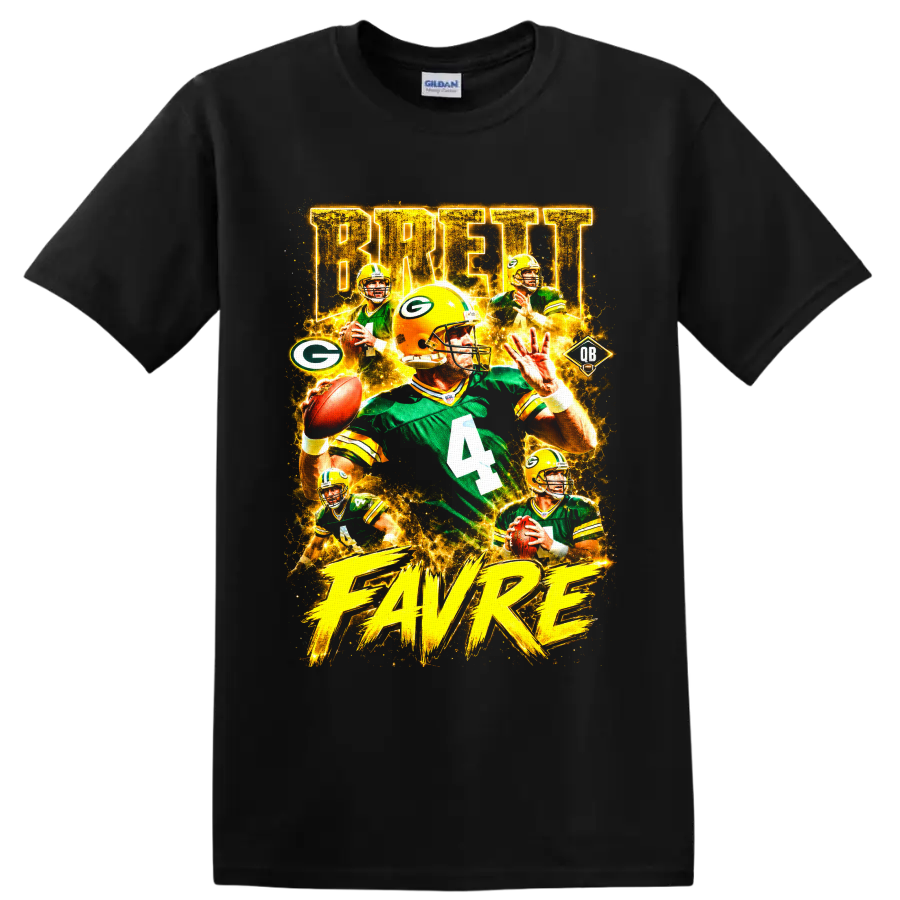 Brett Favre Green Bay Packers number 4 vintage football collage graphic on a Black T Shirt