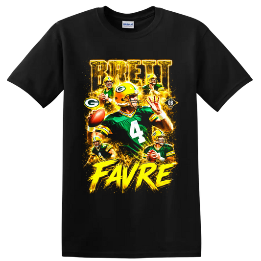 Brett Favre Green Bay Packers number 4 vintage football collage graphic on a Black T Shirt