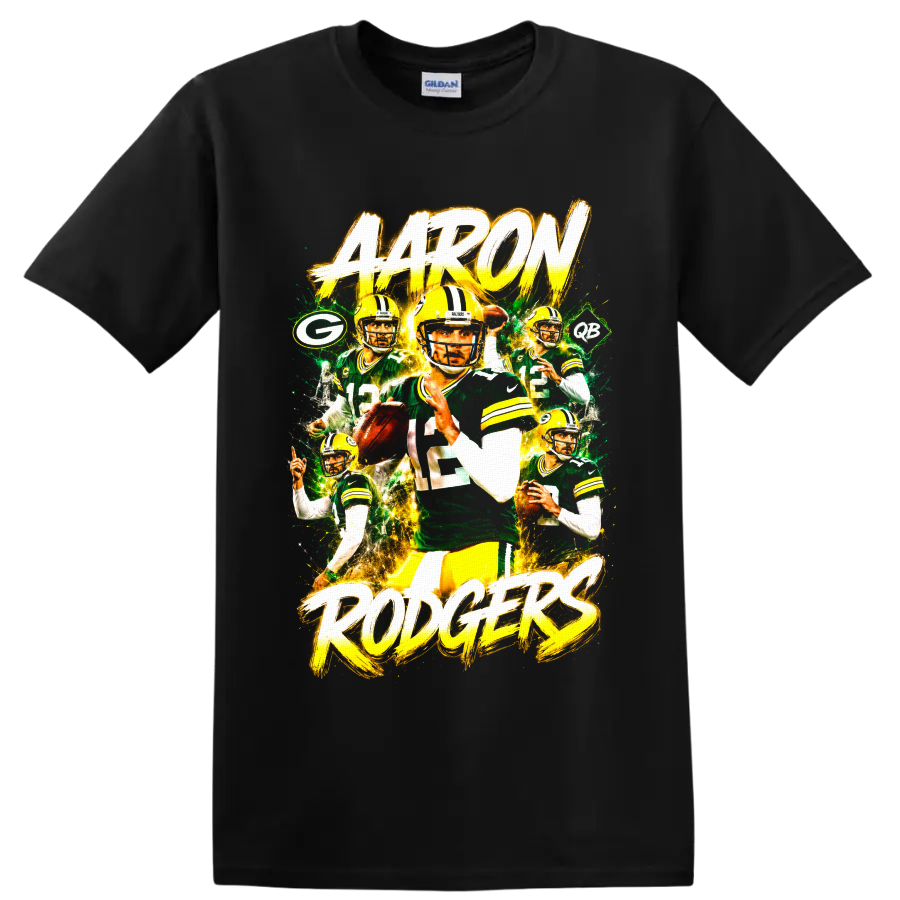 Aaron Rodgers Packers quarterback action collage with AARON RODGERS brush lettering on a Black T Shirt