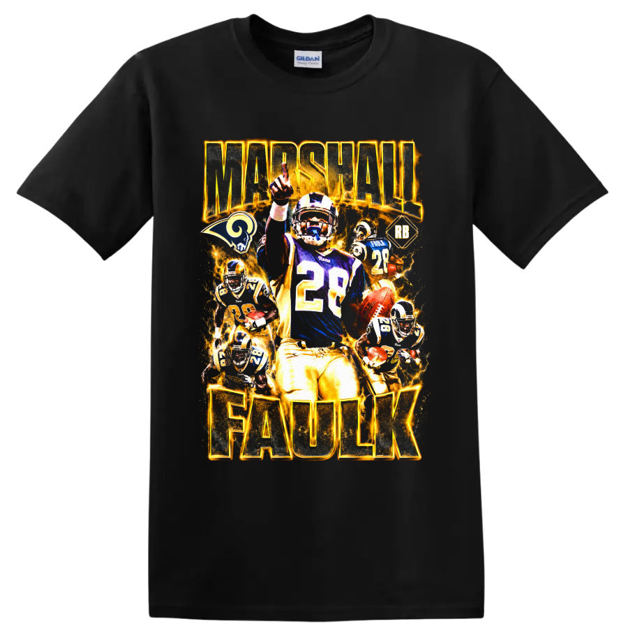 Marshall Faulk St. Louis Rams number 28 football collage with fiery gold lettering on a Black T Shirt