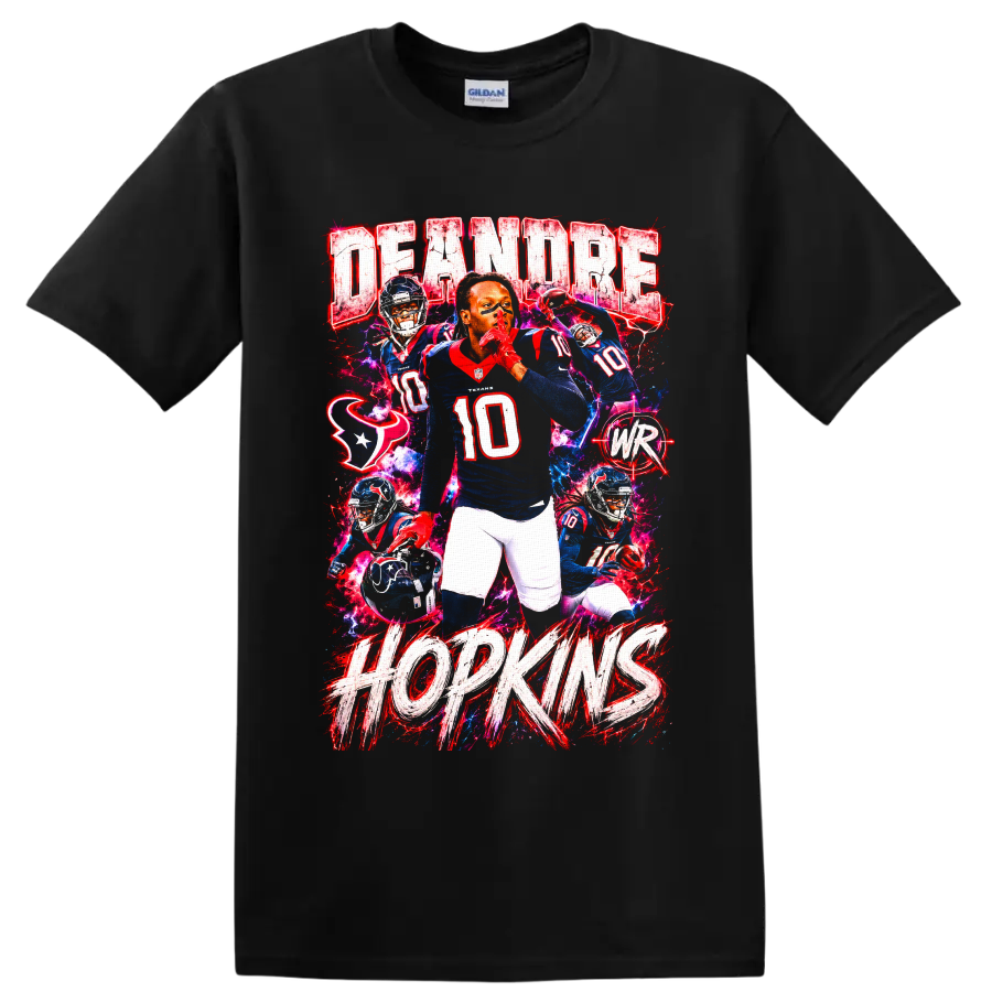 DeAndre Hopkins Houston Texans number 10 action collage with DEANDRE HOPKINS lettering on a Black T Shirt