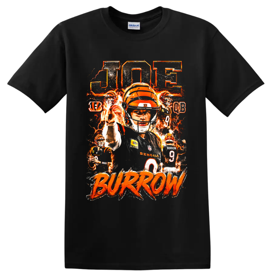 Joe Burrow Bengals number 9 fiery quarterback collage with BURROW lettering on a Black T Shirt