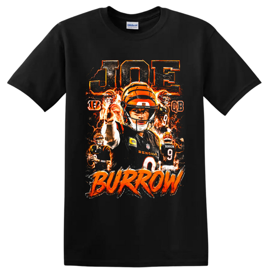 Joe Burrow Bengals number 9 fiery quarterback collage with BURROW lettering on a Black T Shirt