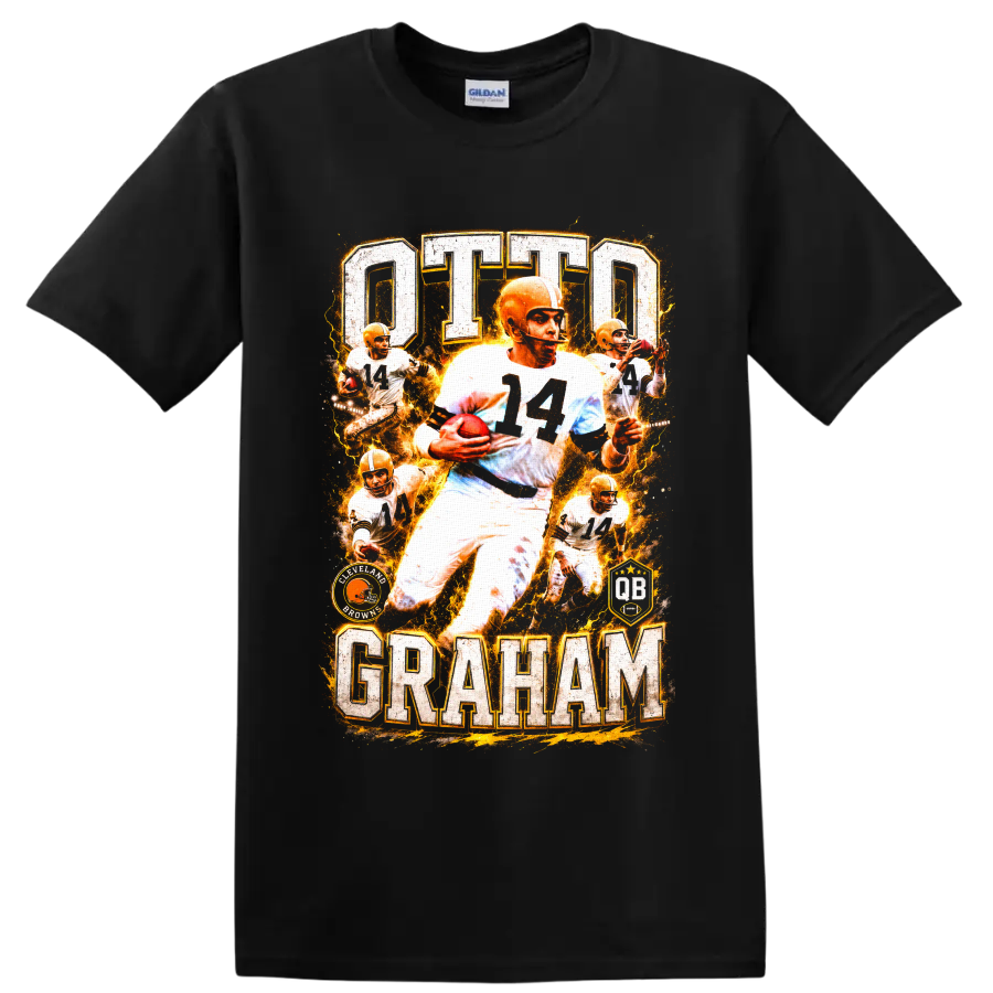 Otto Graham No. 14 Cleveland Browns vintage action collage with OTTO GRAHAM lettering on a Black T Shirt
