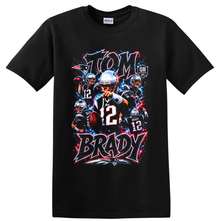 Tom Brady Patriots quarterback collage with number 12 and electric GOAT lettering on a Black T Shirt