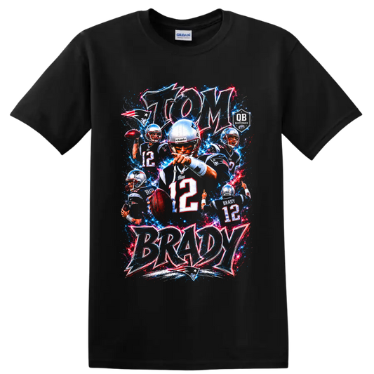 Tom Brady Patriots quarterback collage with number 12 and electric GOAT lettering on a Black T Shirt