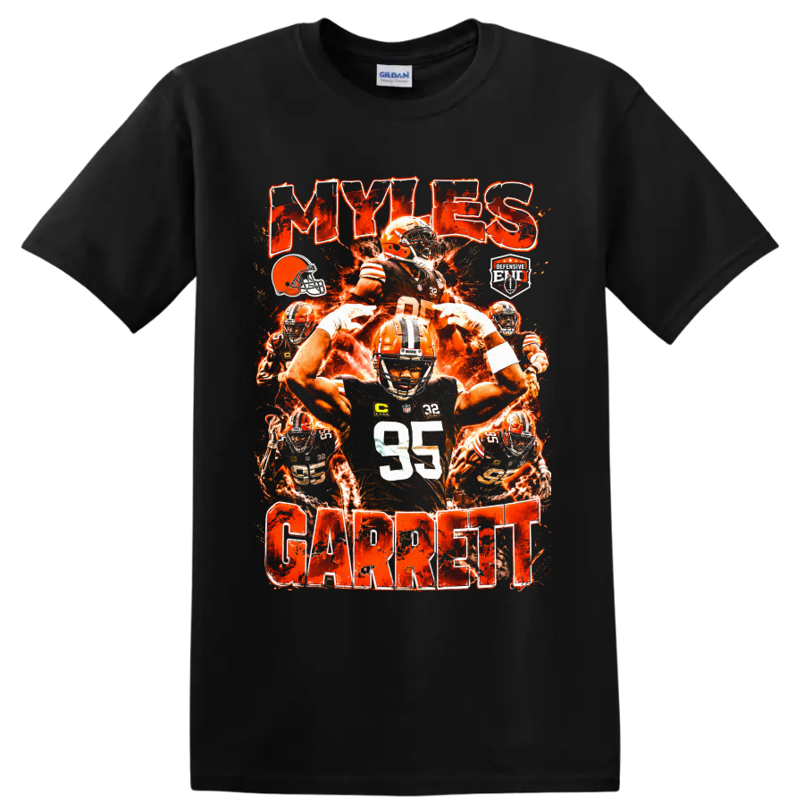 Myles Garrett Cleveland Browns fiery football collage with number 95 and MYLES GARRETT on a Black T Shirt