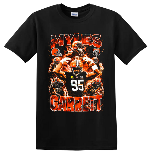 Myles Garrett Cleveland Browns fiery football collage with number 95 and MYLES GARRETT on a Black T Shirt