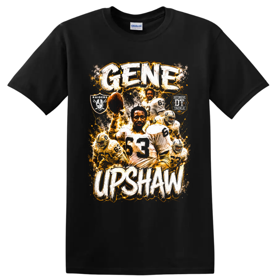 Gene Upshaw Oakland Raiders football collage with number 63 and distressed lettering on a Black T Shirt