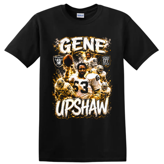 Gene Upshaw Oakland Raiders football collage with number 63 and distressed lettering on a Black T Shirt