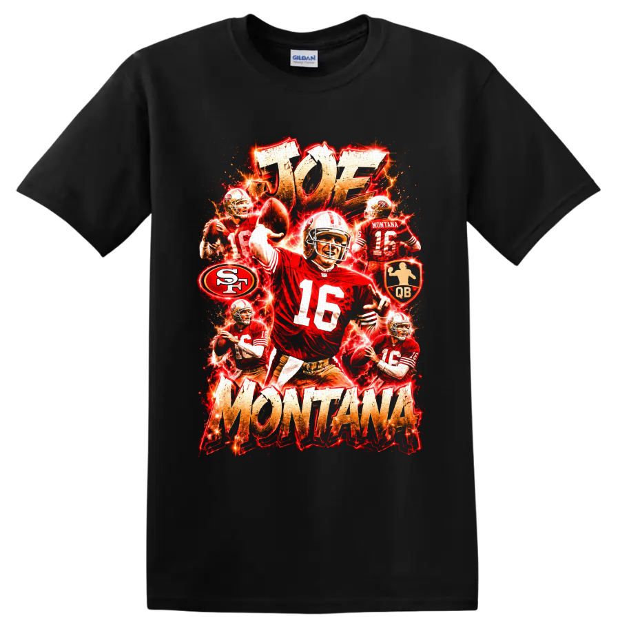 Joe Montana 49ers quarterback collage with No. 16 action, lightning, and distressed on a Black T Shirt